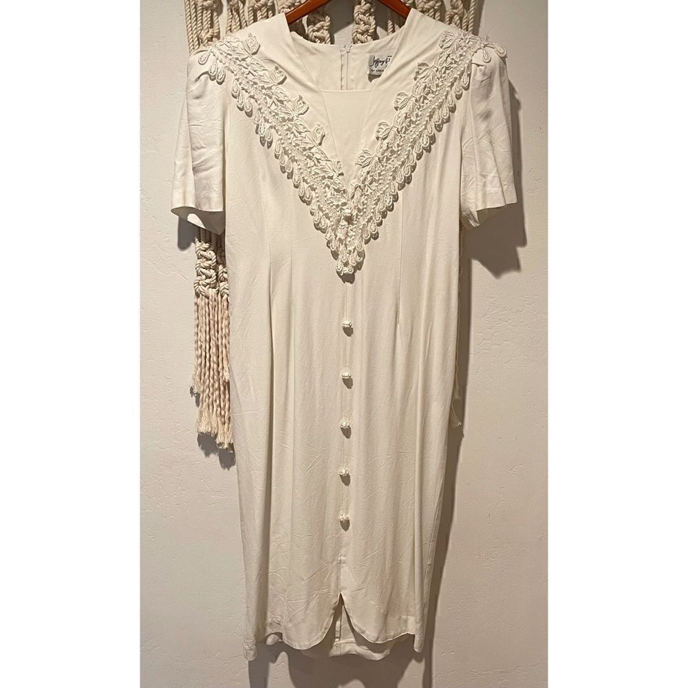 VNTG 80s Jeffrey Dara Dress SZ 14 White Lace Wedding Shoulder Pads Midi Boho